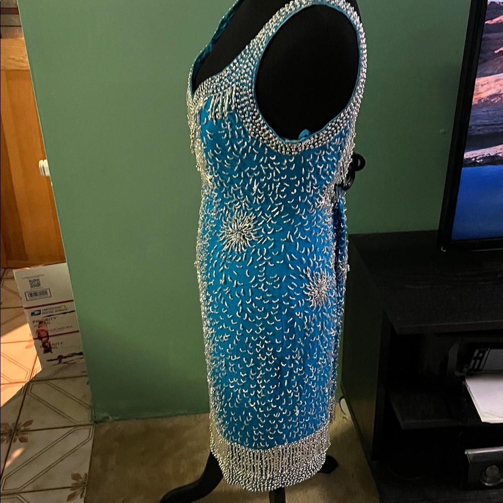 Blue Beaded Dress with Silver Accents - Picture 5 of 6